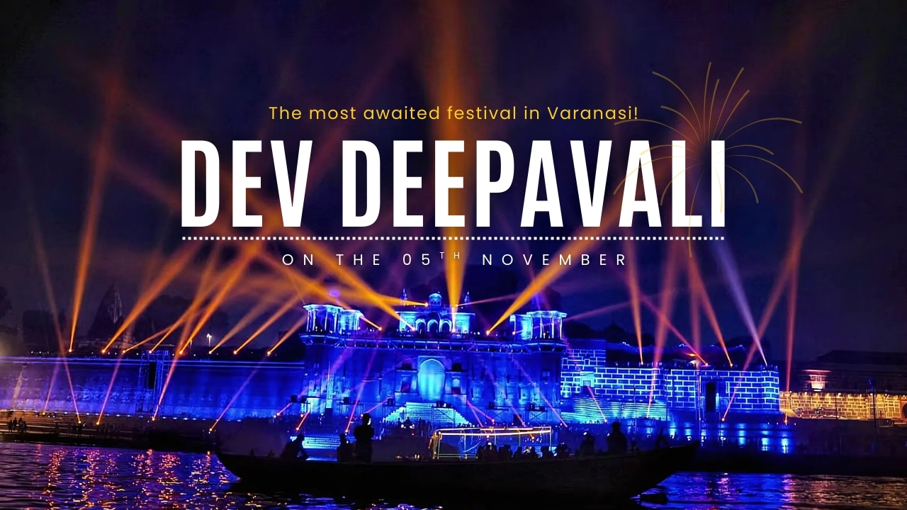 Dev Deepavali celebration in Varanasi, with illuminated ghats, colorful laser lights, and fireworks display over the Ganges River.